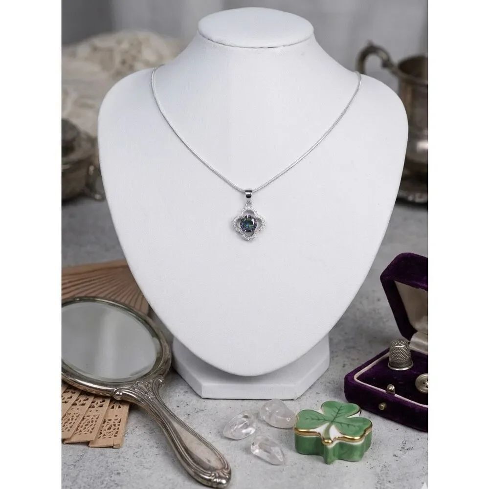 New Mystic Topaz CZ Accent Pendant Necklace Sterling Silver Floral Clover Halo